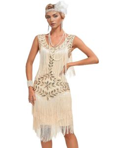 Deluxe Beige Flapper Dress Costume
