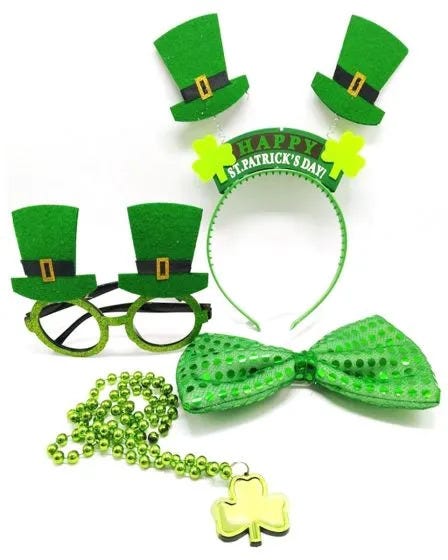 St Patrick’s Day accessory set featuring green mini top hat headbands, novelty glasses with leprechaun hats, a sequined green bow tie, and a shamrock necklace.